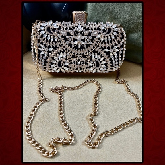 Crystal Rhinestone Embellished Black Evening Bag w/Handle & Chain Strap NWT - Picture 8 of 16